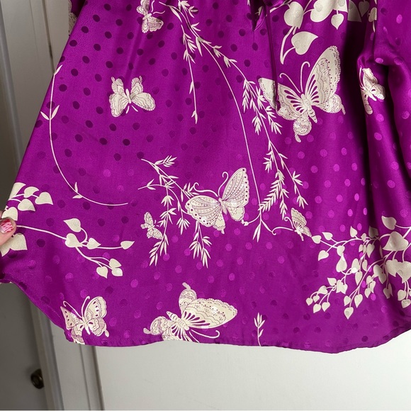 Yumi Kim Pink 100% Silk Butterfly Floral Polka Dot Prints Tie Cuff/Neck Blouse S - Picture 7 of 14